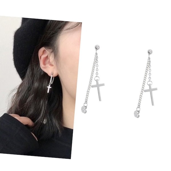 Qoo10] 十字架 クロスチェーンピアス メンズ レ
