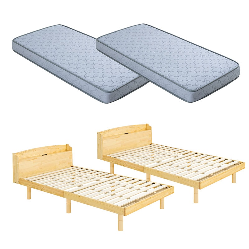 すのこベッド ベッド マットレスセット ボンネルコイルマットレス クイーン 頑丈 シンプル 高さ3段階すのこベッド コンセント付き 天然木