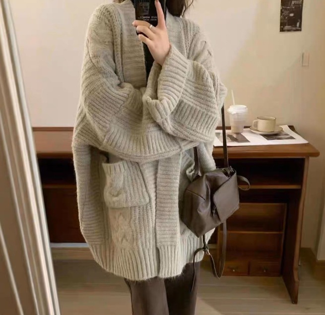 セータージャケットレディース2024新しいレイジースタイルのルーズニットセーターミディアムとロング厚手カーディガンレディース358