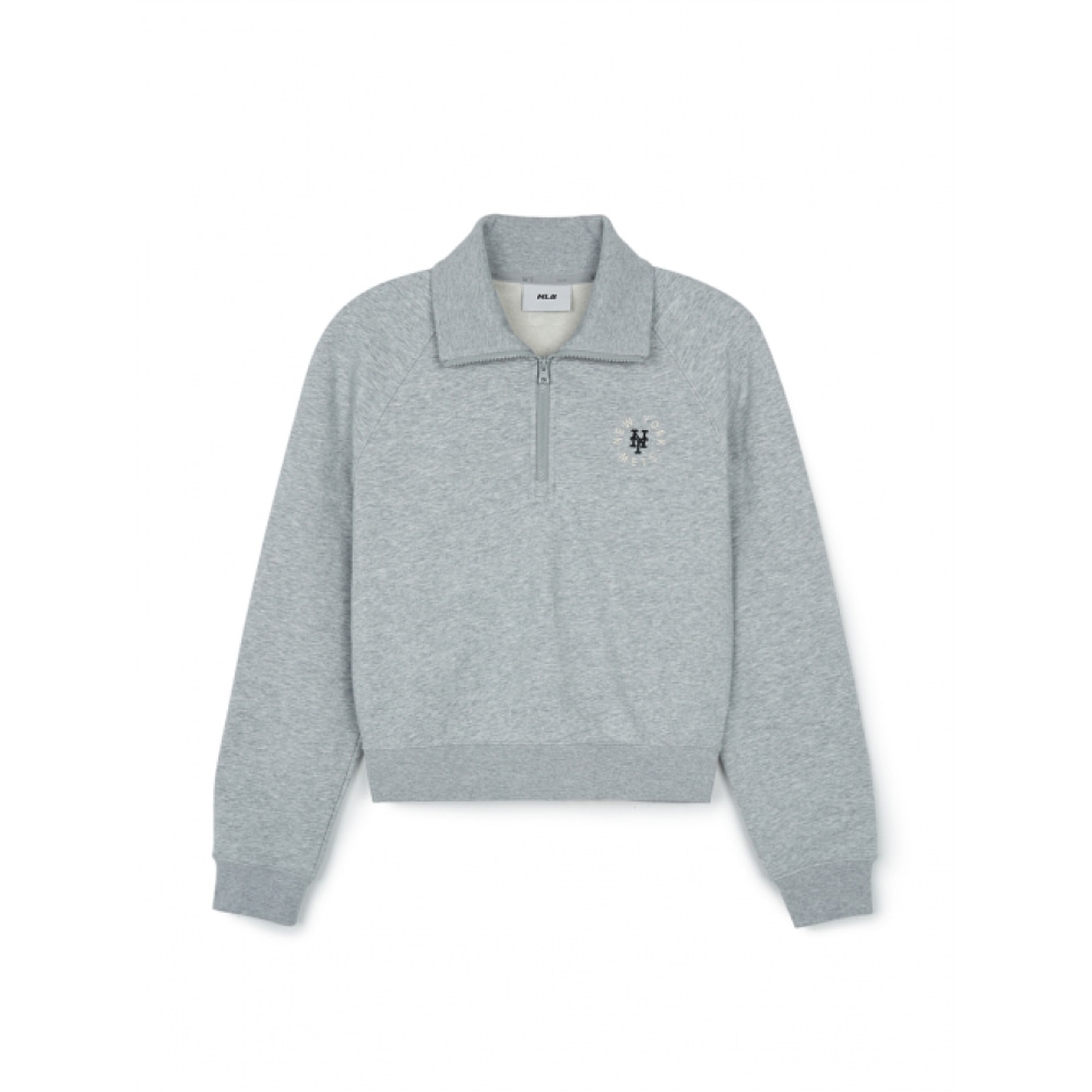 MLB 女性用ベーシックラウンドロゴクロップハーフジップアップスウェットシャツ NYM (メランジグレー)