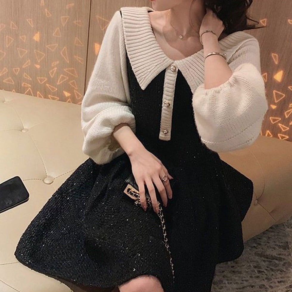 韓国デザイン秋冬新作ランタンスリーブレディニットワンピース