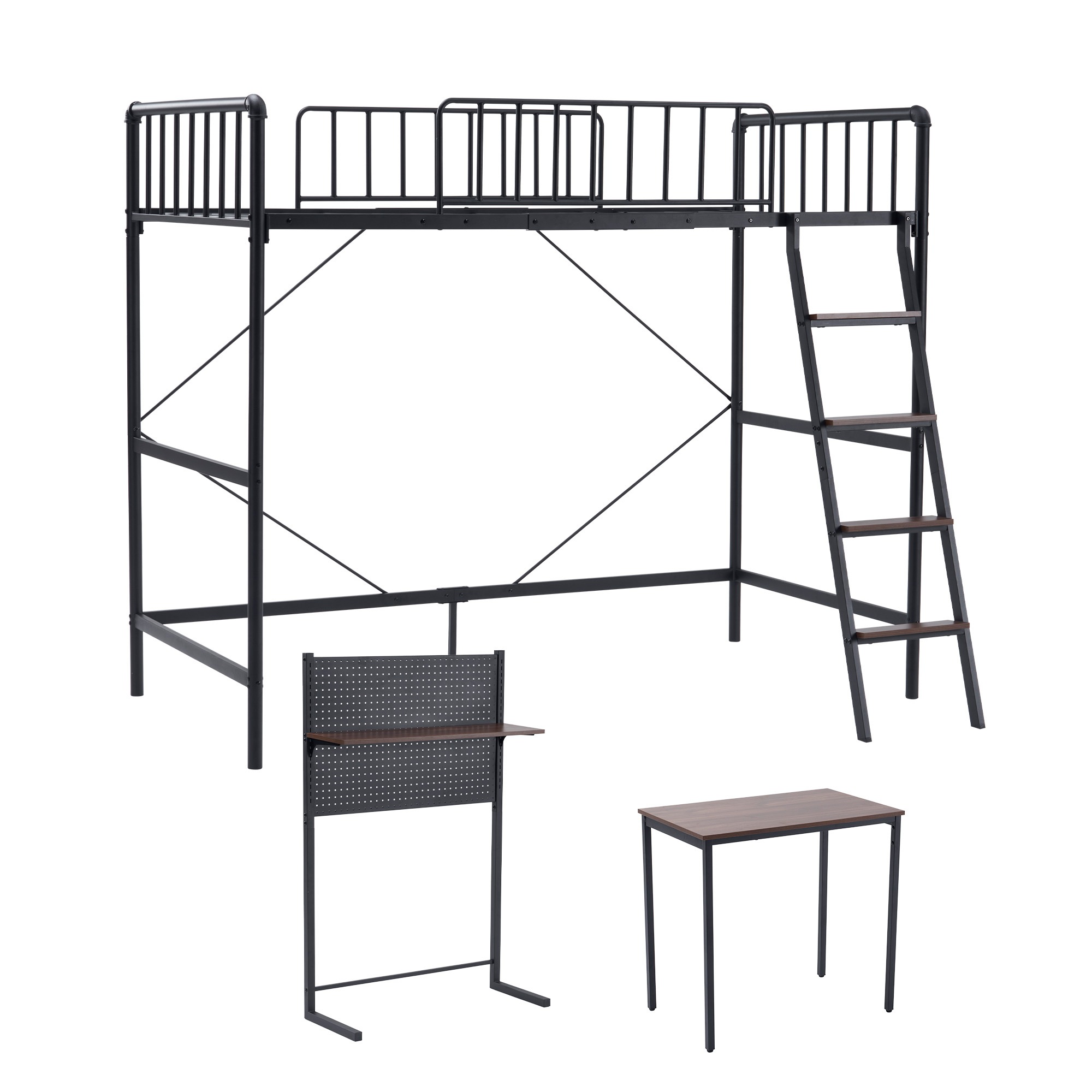 【国内へ発送&送·料·無·料】203【ブラック】システムベット ロフトベッド シングルパンチングボード 収納付き デスク付き 棚付き 北欧風 スチール 耐震