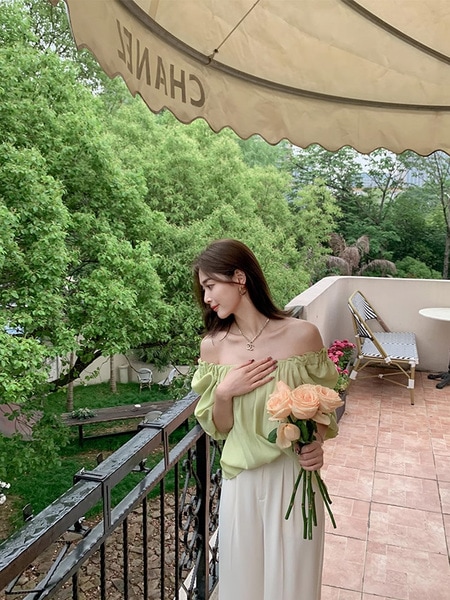 LIERKISS スクエアネックプリーツシフォンシャツ アセテート