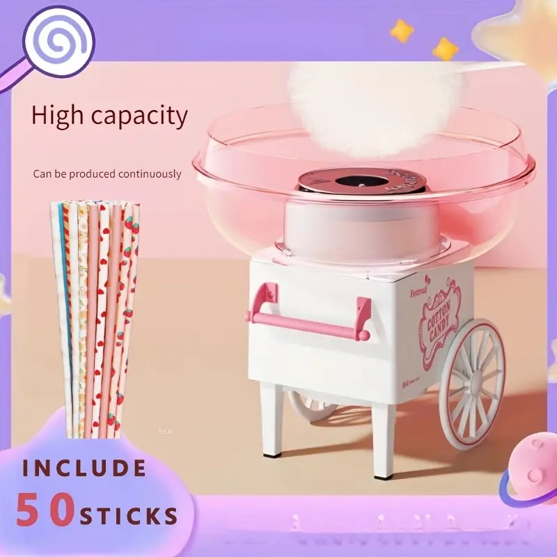 電動コットンキャンディー機とシュガーバーセット - 高容量ピンクと白のデザインホイール付きUSプラグ120V50本のスティック付き家庭での使用にキャンディーバーエquipment楽