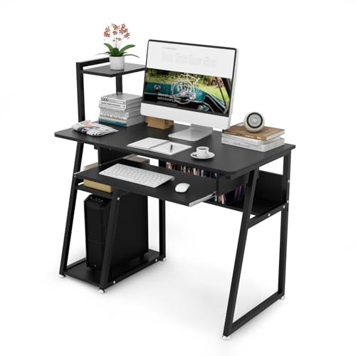 DEWEL パソコンデスク キーボードスライダー付 天板幅100cm 机 3段収納ラック付 ゲーミン 14,134円