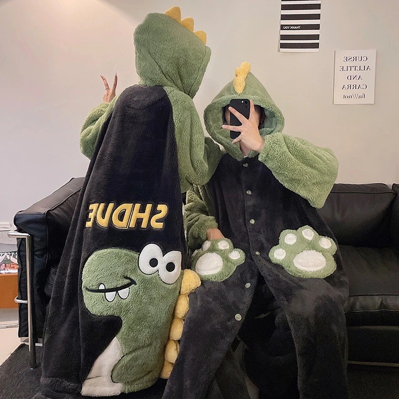 通学 カップルパジャマ秋冬珊瑚の絨毯と厚い恐竜のガウン女性青少年フランネルのバスローブ部屋着 保育園 小学部