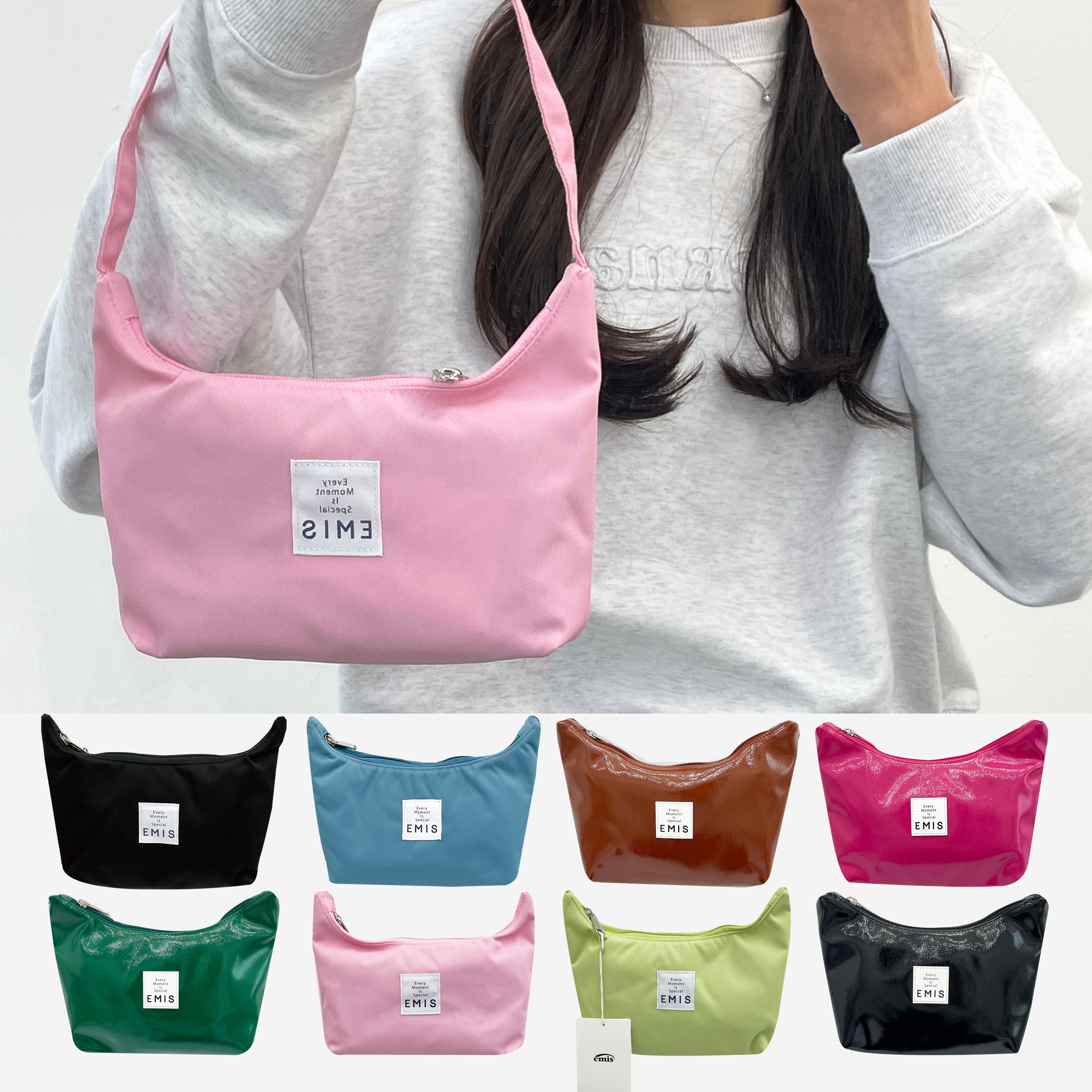 ニューレザー エナメルホボバッグ ブラックアイボリーピンククリーム