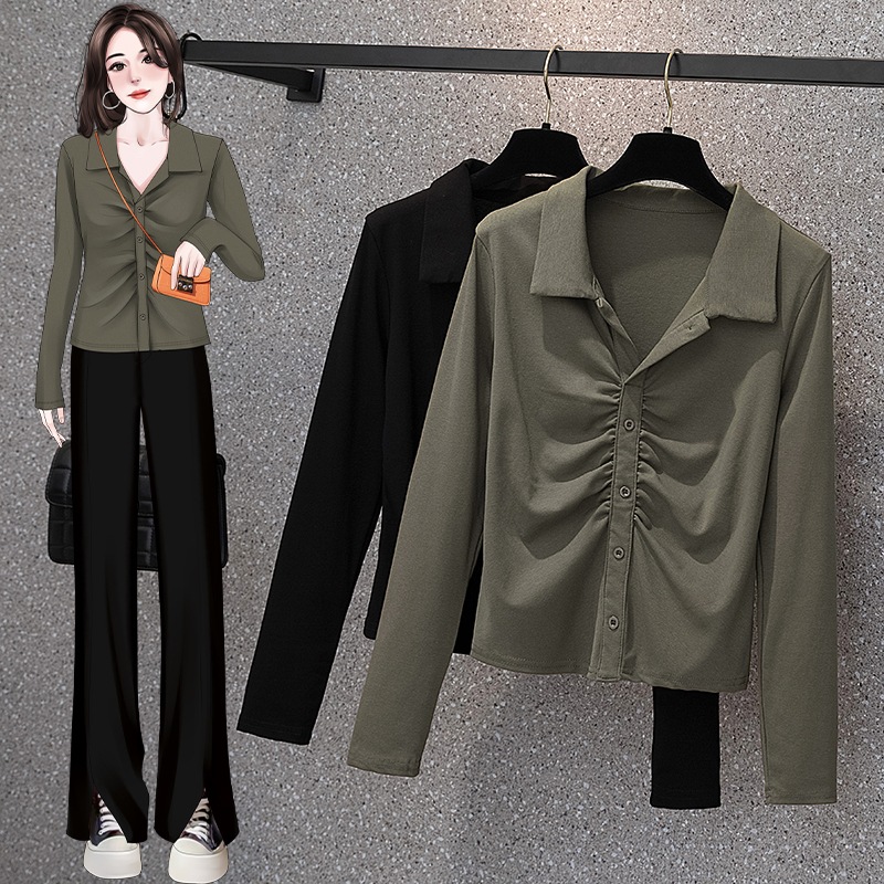 フロントギャザー 胸元ふんわり トップス ブラウス ミディアム丈 長袖 襟付き フロントボタン 立体感 前開き カットソー生地 シンプル カジュアル きれいめ 上品 おしゃれ お洒落 セクシー