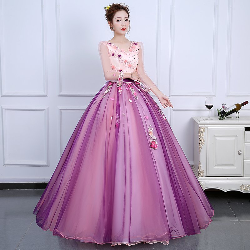 ロングドレス 演奏会 パーティードレス ピンク パープル 花 袖あり ウェディングドレス パーティー