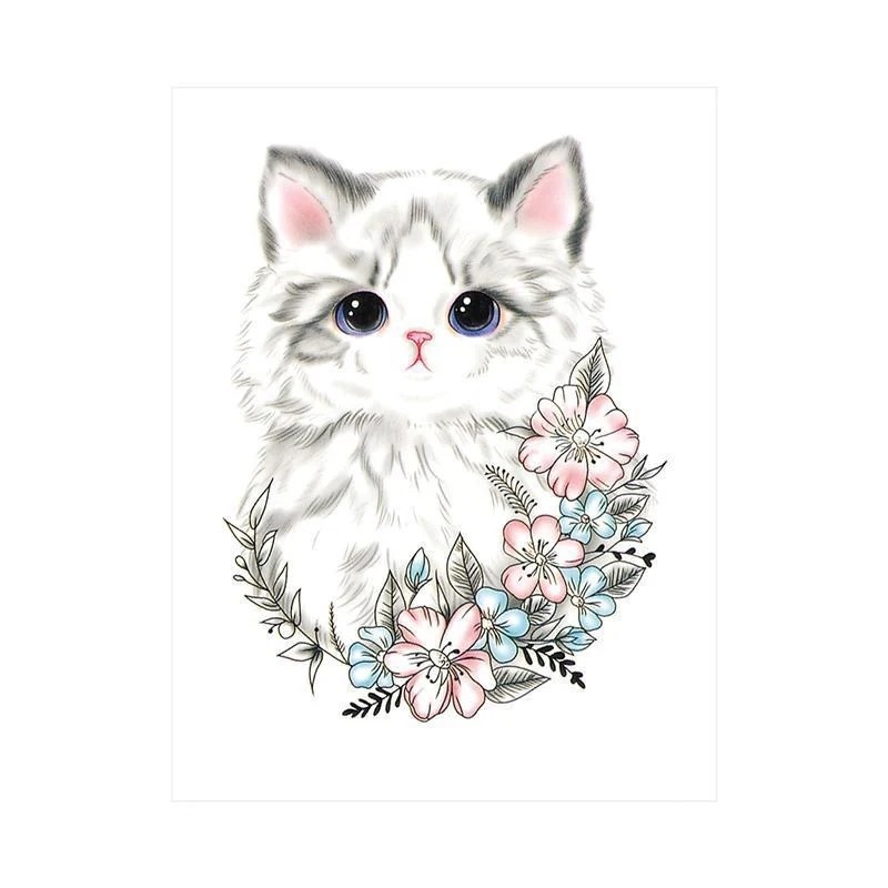 かわいい子猫柄タトゥーステッカー防水女性用長持ち手描きカラフルな花の小さな新鮮なステッカー