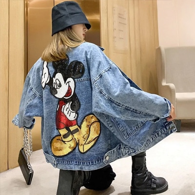 トップス春秋刺繍ビーズミッキー長袖デニムジャケットゆったり2024 bf原宿風ミディアム丈