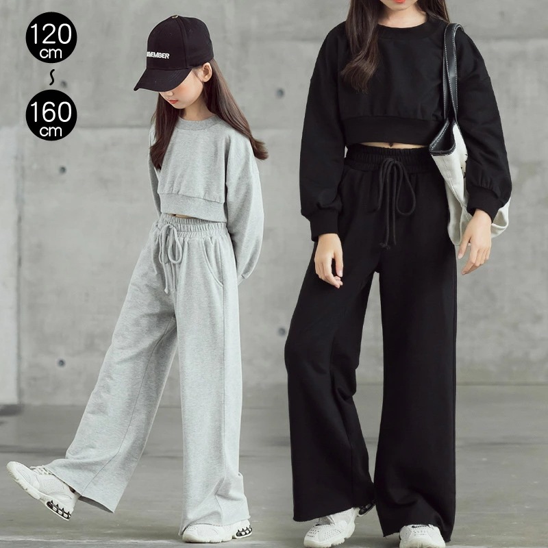 【限定SALE】子供服 キッズ セットアップ 上下セット 女の子 春秋 ワイドパンツ パンツ 子供 キッズ ジャージ スウェット 上下 カジュアル おしゃれ へそ出し トップス ロングパンツ 長袖パー