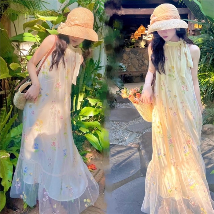 ベージュ　ワンピース 袖なし 夏用 夏服 レディース ゆったり レース　刺繍　豪華 リゾート タンクトップワンピース ビーチ ノースリーブ ハワイアン 旅行 海デート 夏物 おしゃれ 大人 ロング 1