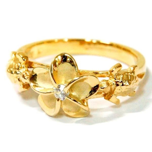 ハワイアンジュエリー リング プルメリア 花 ホヌ ウミガメ 立体 クリアジルコニア イエローゴールド レディース シルバー925