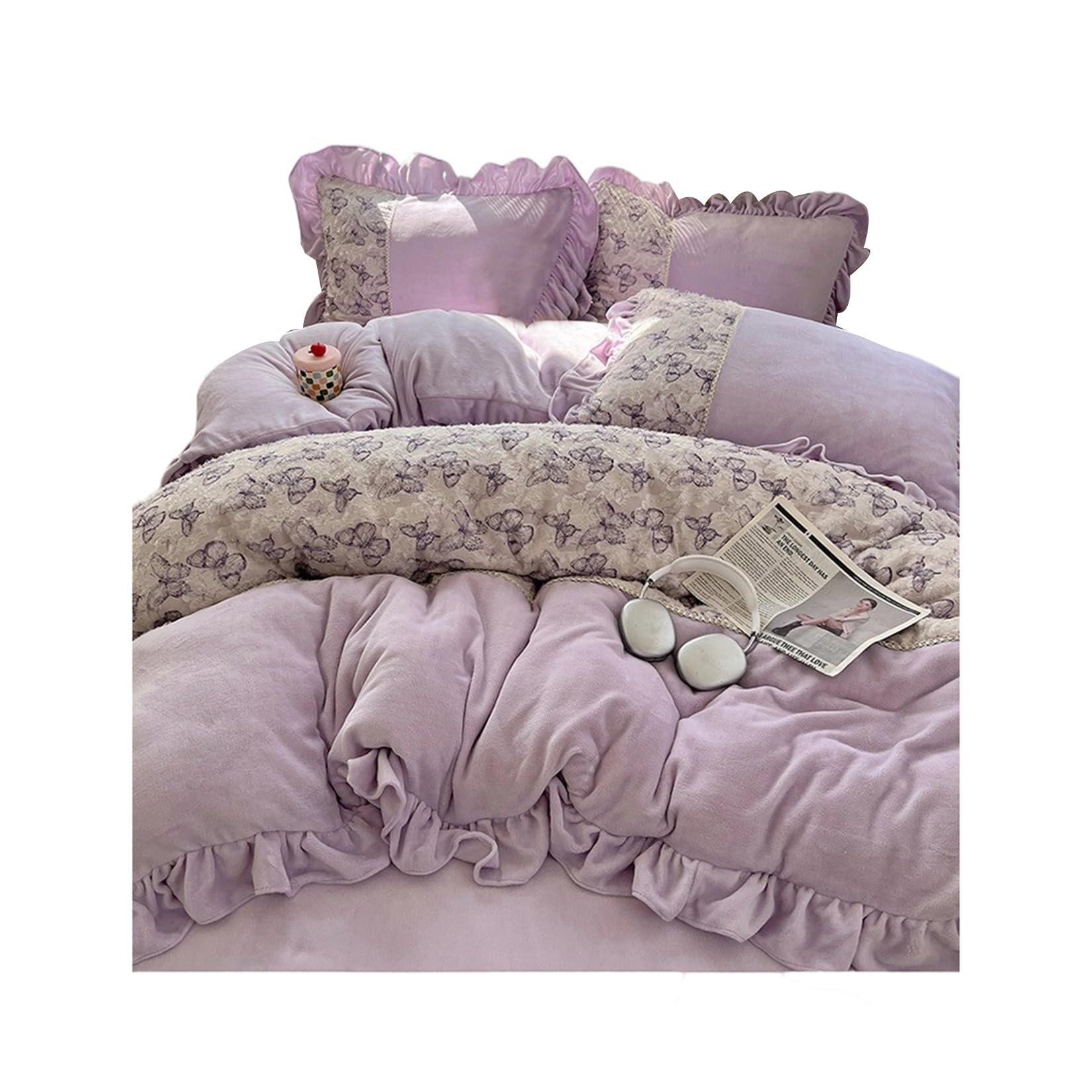 プリンセス風 フランネル 布団カバーセット 可愛い 蝶柄 フリル とろける 柔らか肌触り あったか 保温 ふわふわ 高密度 厚手 おしゃれ 静電気防止 洗える 秋冬寝具