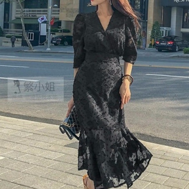 ワンピース レディース フィッシュテール ロング丈 シフォン 無地 Vネック フリル ロングスカート