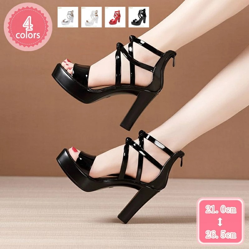 1000円OFFクーポン レディース ファション サンダル ハイヒール 10CM チャンキーヒール 厚底 防水台 オープントゥ クロスストラップ 美脚 結婚式 キャバ リボン バックファスナー 大きい