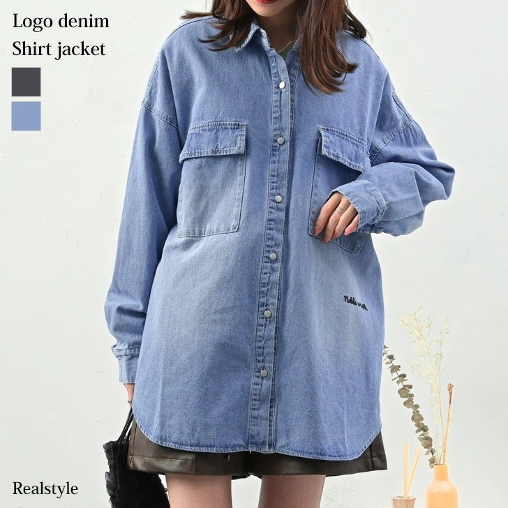 オーバーサイズロゴ刺繍デニムシャツジャケット レディース アウター 春 秋 羽織り 上着 ジージャン Gジャン 長袖 ロング丈 大きめ 大きいサイズ ゆったり 体型カバー カジュアル きれいめ 可愛い