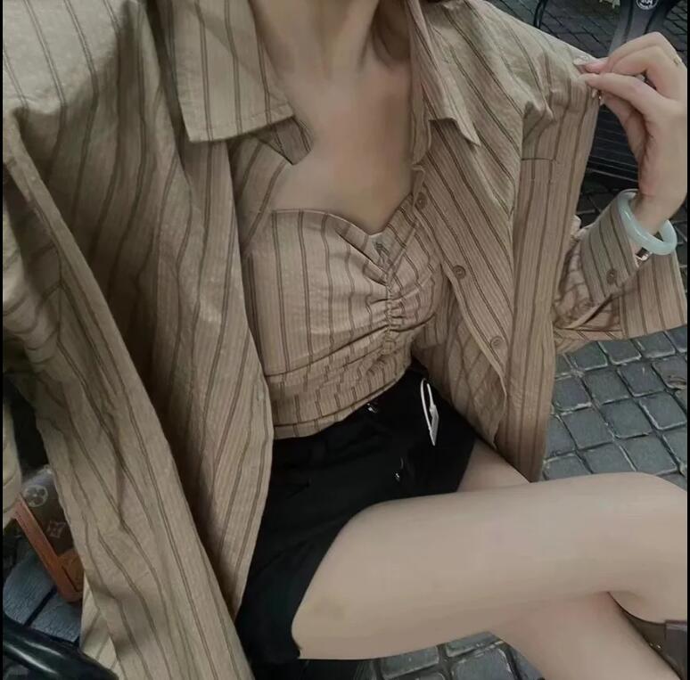韓国版日焼け止め2点セットギャルギャザー胸拭きベスト女性ゆったり長袖シャツセット