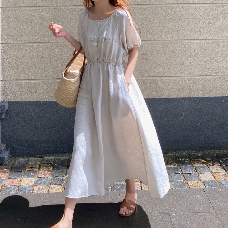 韓国 夏 フランス ラインデザイン スリム ドレス スカート 女性 ワンピース フレアスカート ミモレ丈 ロング 半袖 Uネック Aライン シフォン ウエストマーク ハイウエスト 大人可愛い きれいめ
