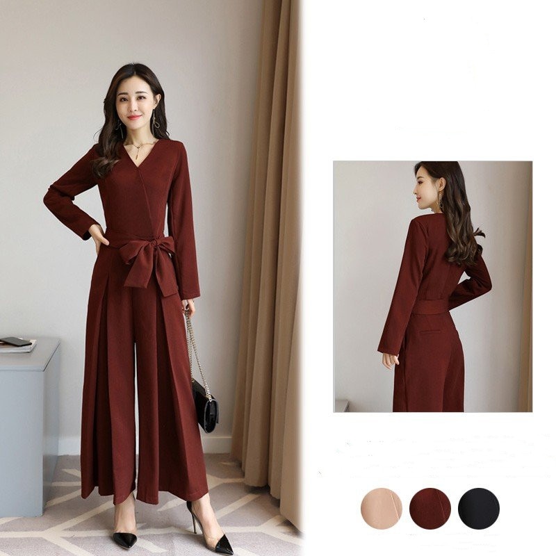 オールインワン パンツドレス ワイドパンツオーバーオール 無地 ロング丈 長袖 シフォン パンツ V