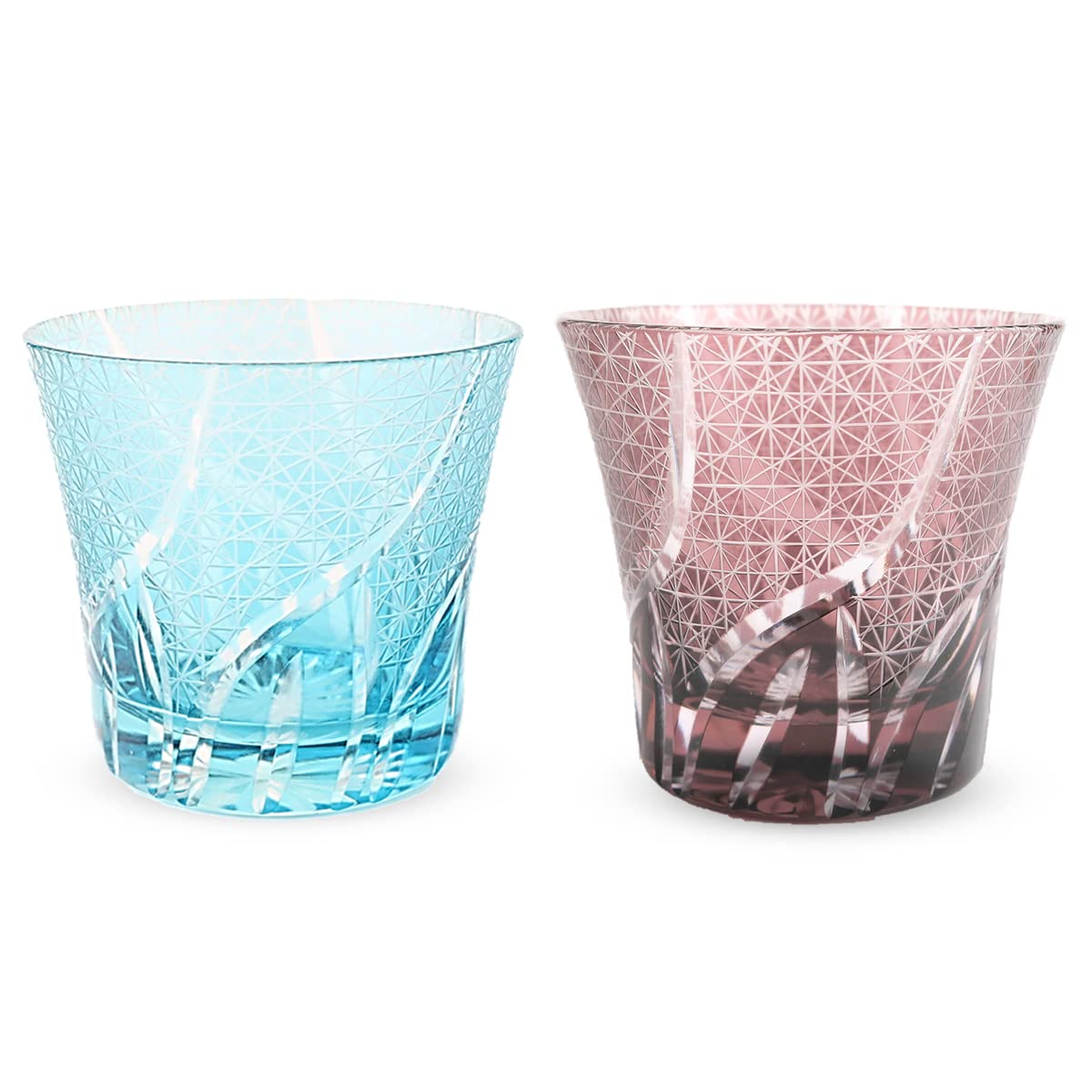 J-kitchens 郷愁 切子 ペア グラス カップ Φ94xH85mm 240cc 乱彫小紋 アクア & パープル 底彫あり 美匠 Current Model