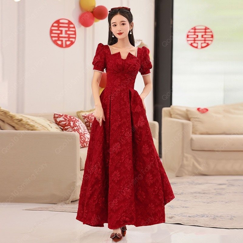 【最安値挑戦】 【期間限定】花嫁のワインレッドの大きいサイズの妊婦の敬酒服2023新しいフランスの敬酒服は普段婚約の小さなドレスを着ることができます-95