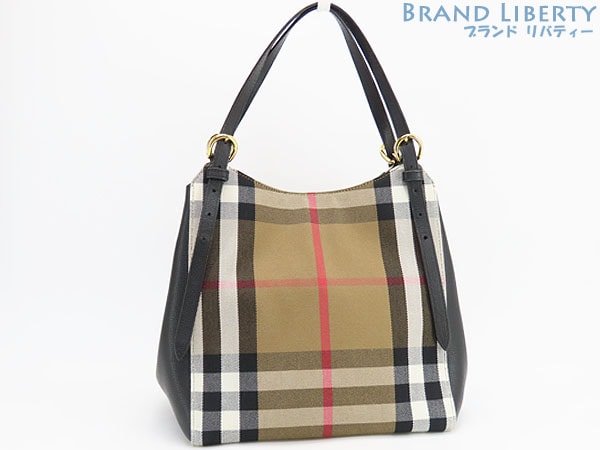 新品同様バーバリーハウスチェックトートバッグハンドバッグショルダーバッグブラックベージュレザーキャンバス807378