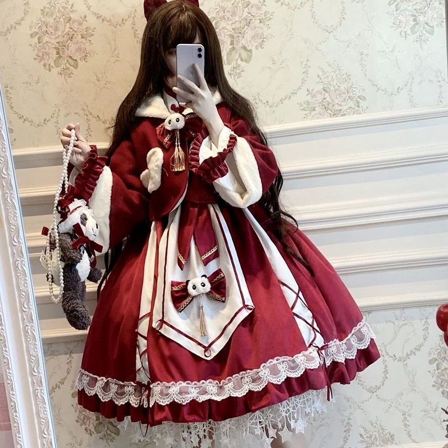 ロリータドレス cosplay 小料理娘中華風パンダかわいいロリータワンピース赤チャイナドレス新中式