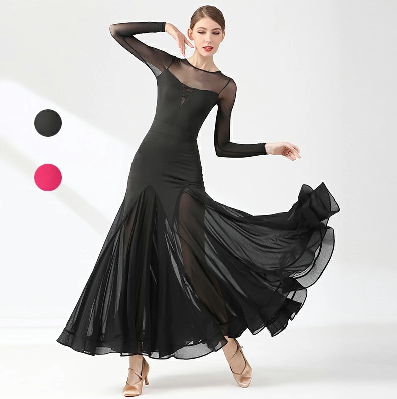 ワルツダンスドレス モダンダンス マキシ丈 マーメイドドレス シースルー 大きい裾 ワンピース 社交ダンスドレス ダンス試合専門服 社交ダンス パーティードレス 大きい裾 発表会 団体