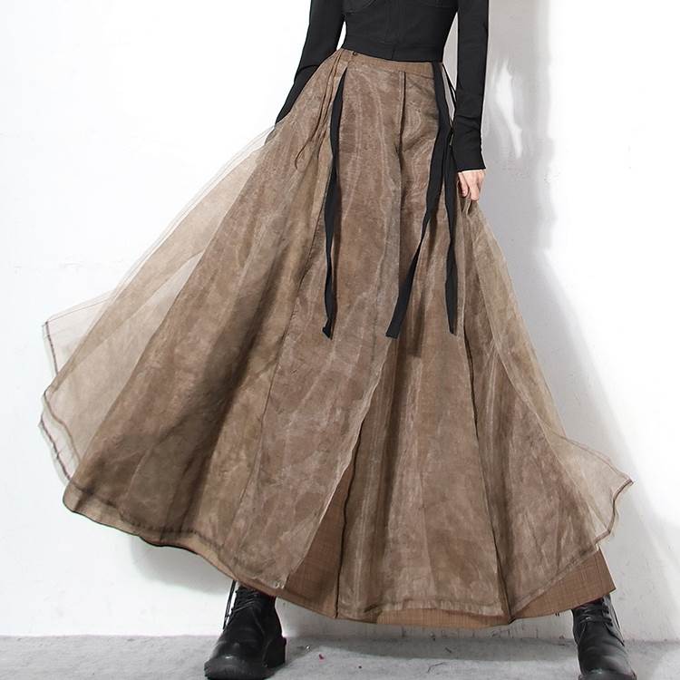 スカート レディース ロングスカート 春 秋 冬 かっこいい ボリューム ブラウン 茶色 ロング丈 ハイウエスト Aライン カジュアル レトロ ボトムス マキシ丈 シースルー おしゃれ 個性的 かわい