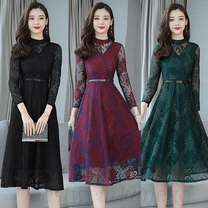 パーティドレス レースワンピース袖あり 結婚式 2次会 20代 30代 40代 50代 レディース ファション フォーマル 大人気 発表会 膝丈 春夏秋 ロング丈 ママ新作