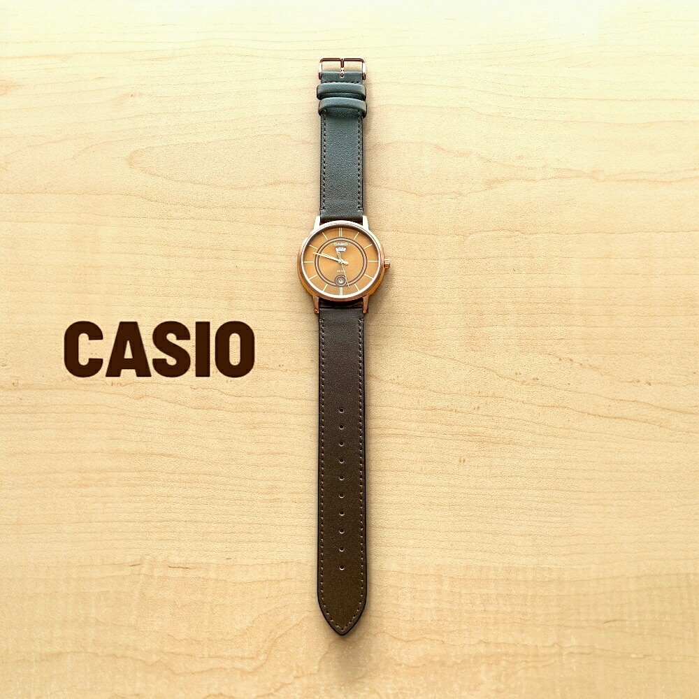 日本未発売 カシオ CASIO 腕時計 メンズ 収納ケース付き シンプル ダークブラウン レザー 革ベルト デイト表示 防水 ビジネス カジュアル プレゼント ギフト 時計 男性 誕生日 記念日 MT