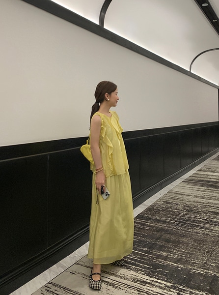 エレガントレディ_レースプレスアコーディオンプリーツフリルノースリーブシャツベストテンセルトップ