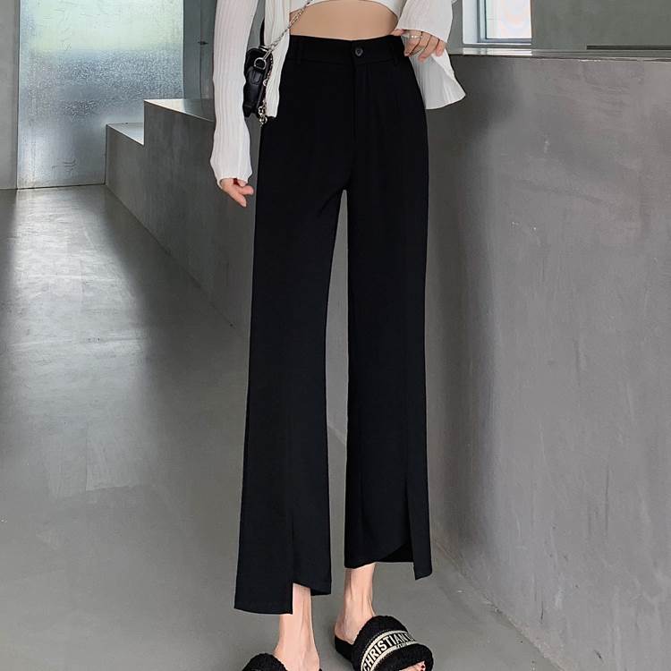 ボトムス レディース アンクル丈パンツ センタープレス ストレート フロントスリット 9分丈 きれいめ シンプル 大人 上品 おしゃれ かっこいい 大人女子 こなれ感 メンズライク とろみ感 抜け感