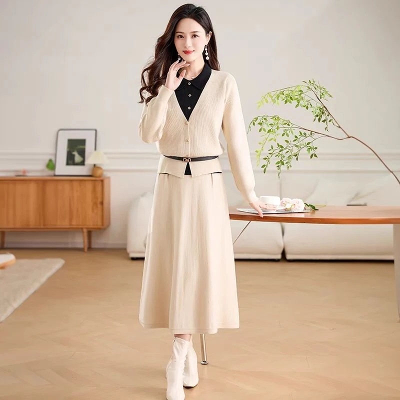 ツーピースニットドレス2026気質ファッショナブルな気質スプライシングウールスーツスカートホットスタイル