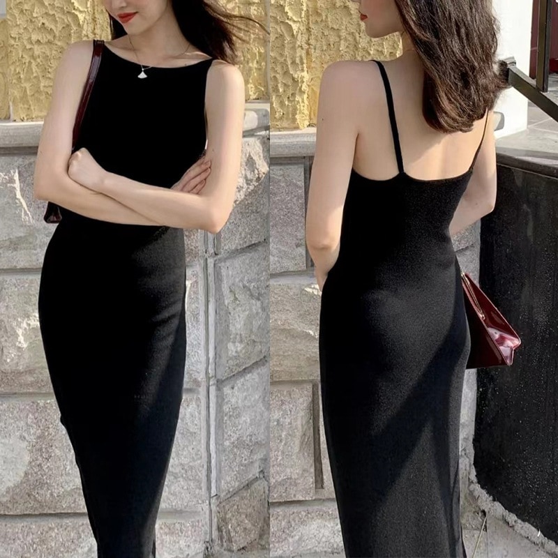 背中開きロングドレス春夏レディースシンプルニットサスペンダードレスセクシーリトルブラックドレス
