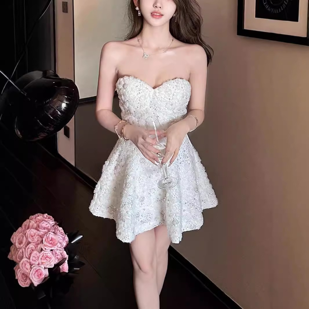 刺繍の花のウエストスカート重厚な気質のビーズレースセクシーなチューブトップウエスト気質の花のドレス