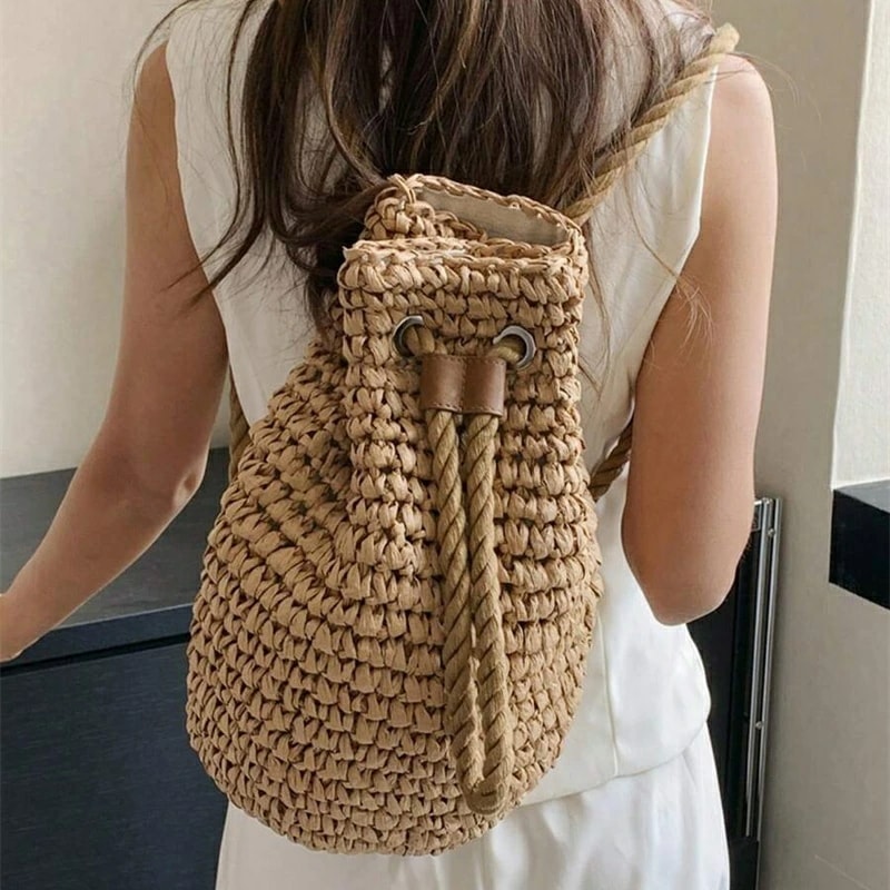 ファッショナブルな カジュアル 夏 ホリデー ソリッドカラー 草編み 折りたたみ バケツ 巾着 レディース バックパック 旅行 ホリデー アウトドア ビーチバケーション用
