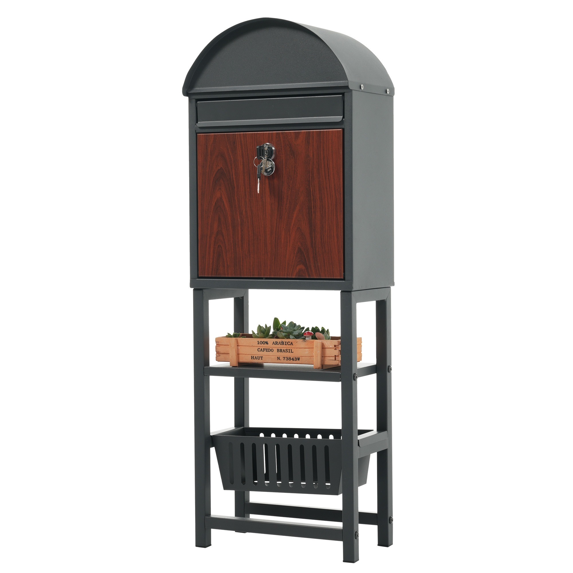 【国内出荷 - 3日配達】置き型 スタンド かご付きポスト鍵付き メ一ル便·A4対応 ポスト 北欧 一戸建て用 スタンドポスト メールボックス A4対応 新聞受け 高級【ダークグレー+木目】 13,242円