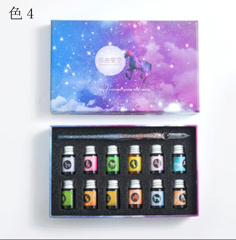 売切必至ガラスディップペン インクセット レインボークリスタル ガラスペン アート 署名 書道 装飾用 12種類のインク