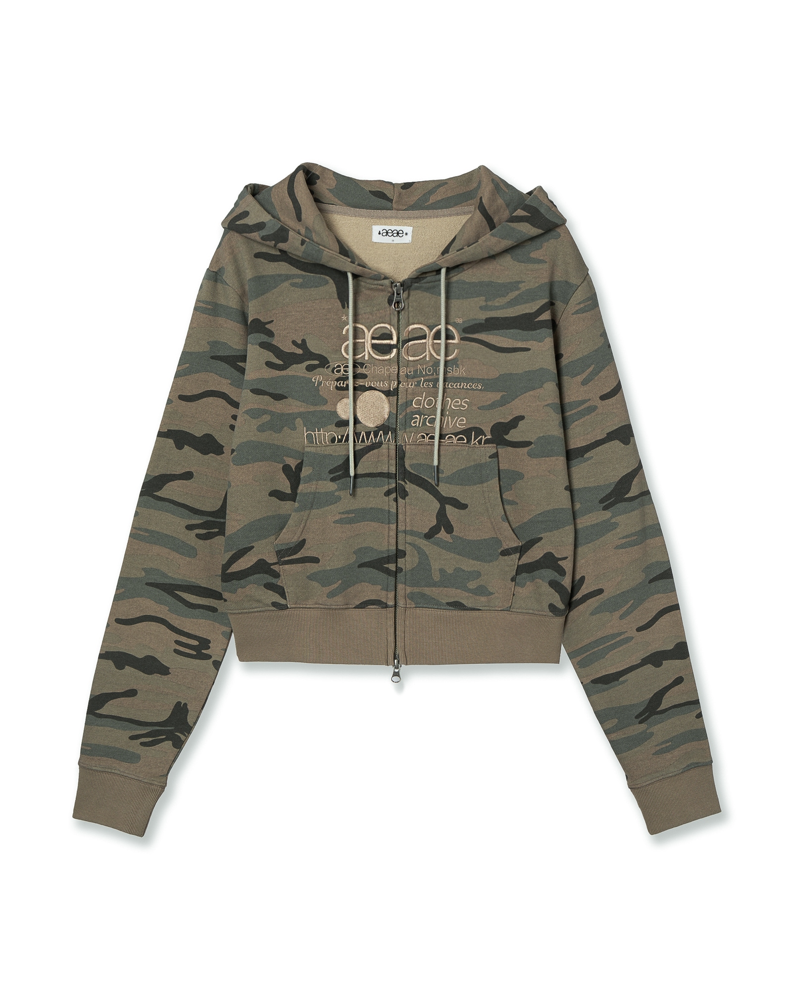 【aeae】 WEB LOGO CROP HOOD ZIP UP : CAMO BEIGE