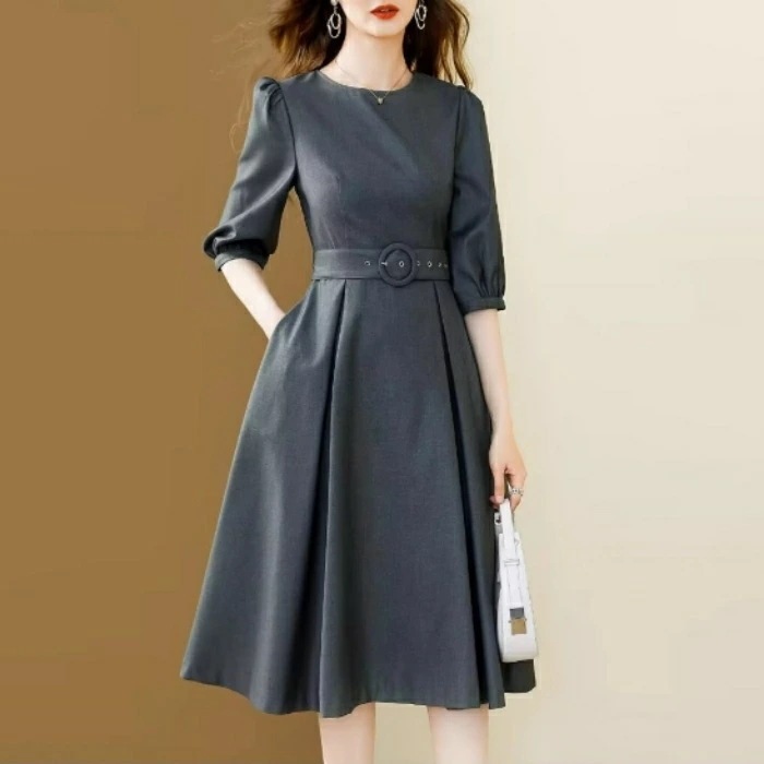 ワンピース ワンピ ドレス 袖あり レディース エレガント きれいめ カジュアル 大人 可愛い パフスリーブ 五分袖 結婚式 二次会 フォーマル オケージョン パーティー お呼ばれ ハイウエスト Aラ