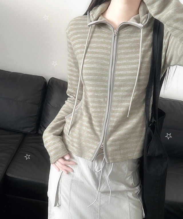 MDおすすめストライプ フィットアップ フードパーカージップアップ2C)