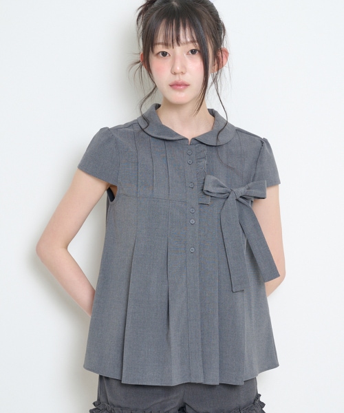 【ILLIGO】 RIBBON PLEATED SHORT SLEEVE BLOUSE GRAY 正規品