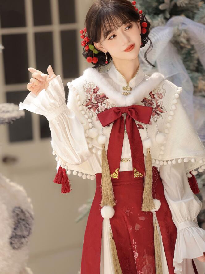 【TikTok人気新品】漢元素 ロリータ服 漢服 長袖シャツ ロング丈スカート もこもこ ボレロ マント 漢 古 コスプレ衣装 中華 ドレス 新お祝い 元日お祝い 衣装 学園祭 文化祭 撮影衣装 レッ