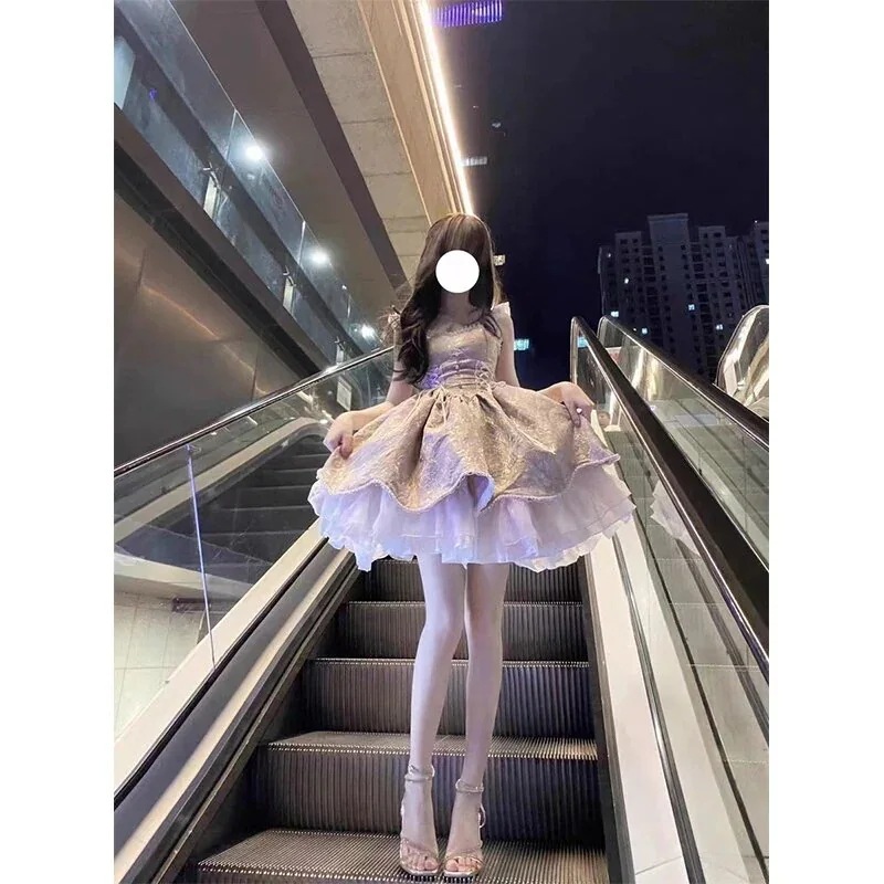 ピンクとパープルの小さなフライングスリーブジャガードロリータドレスjskドレスロリータプリンセスドレスよく