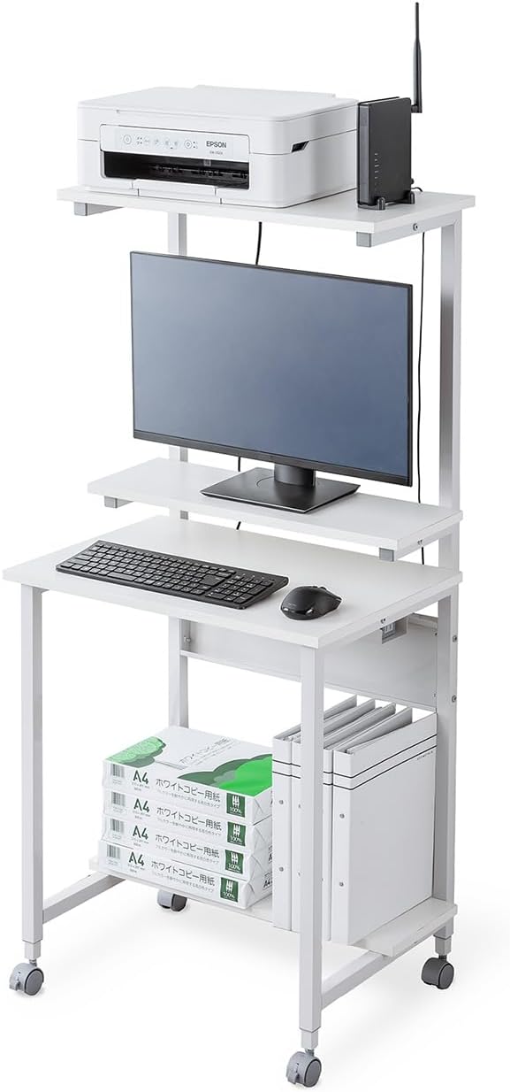 サンワダイレクト パソコンデスク 幅60×奥行45cm コンパクト キャスター付き 棚板3枚付き 総耐荷重46kg ケーブルトレイ付き パソコンラック ワークデスク スリム ホワイト