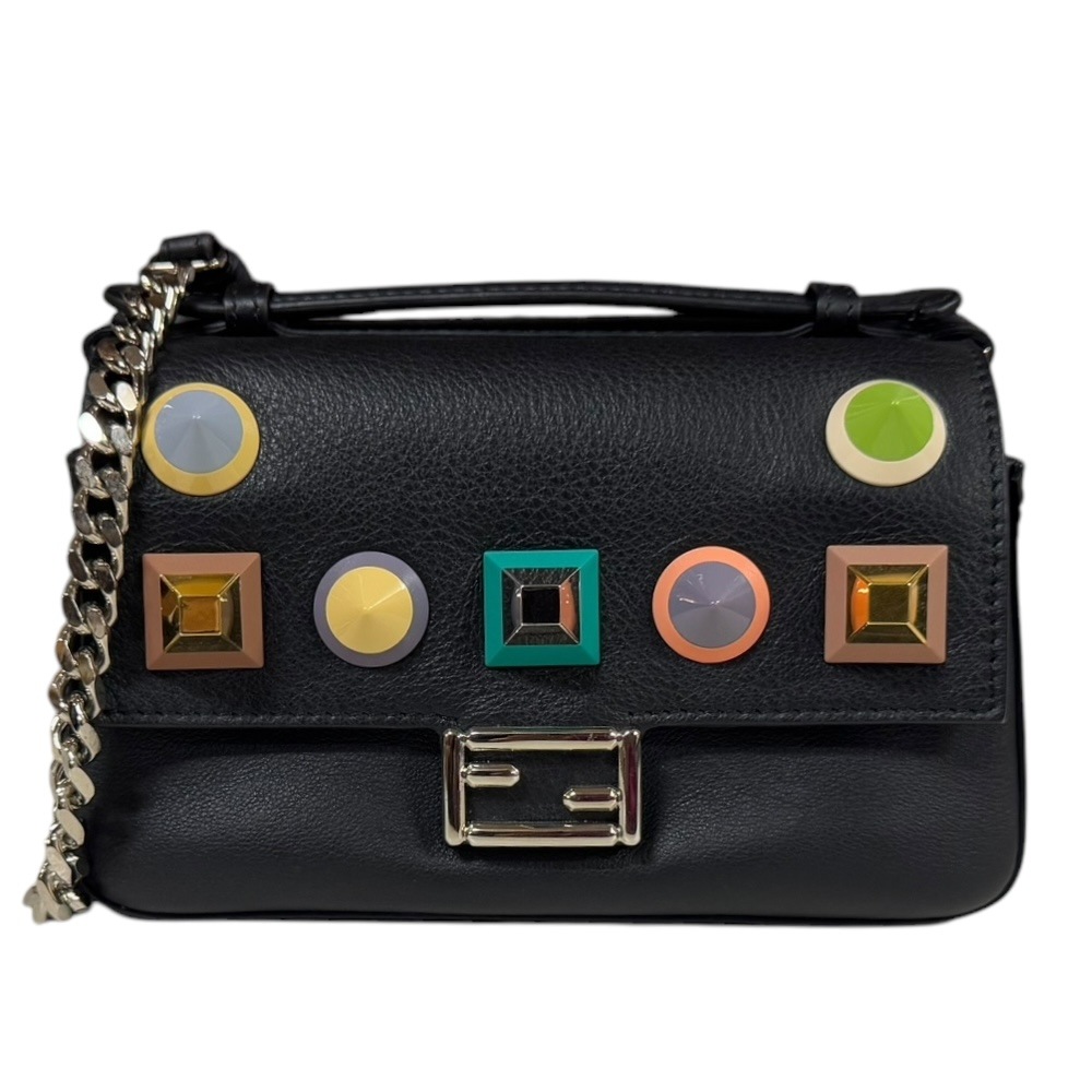 フェンディ ダブルマイクロバゲット マルチスタッズ ショルダーバッグ レザー 8M0371 ブラック FENDI 中古