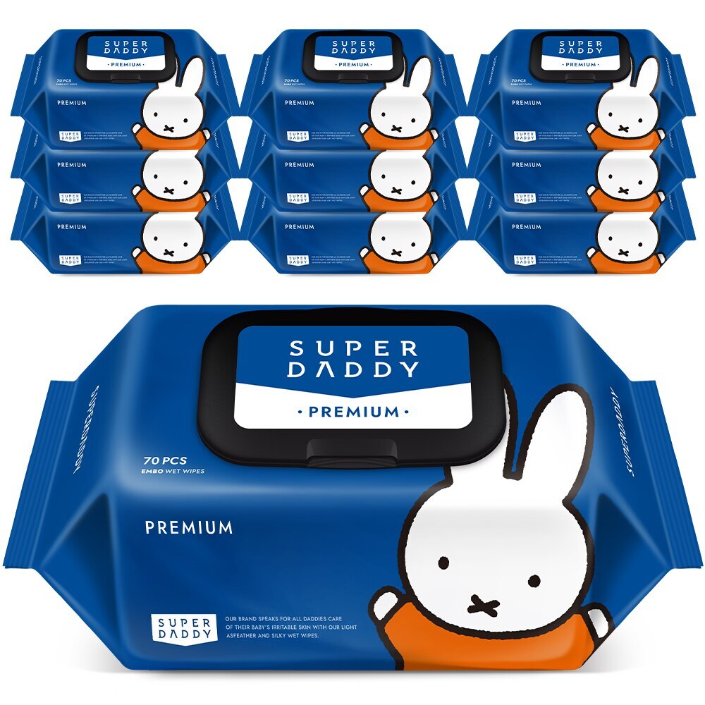 スーパーダディ 低刺激 ベビーウェットティッシュ プレミアム キャップ型 70枚 x 10パック (77gsm)